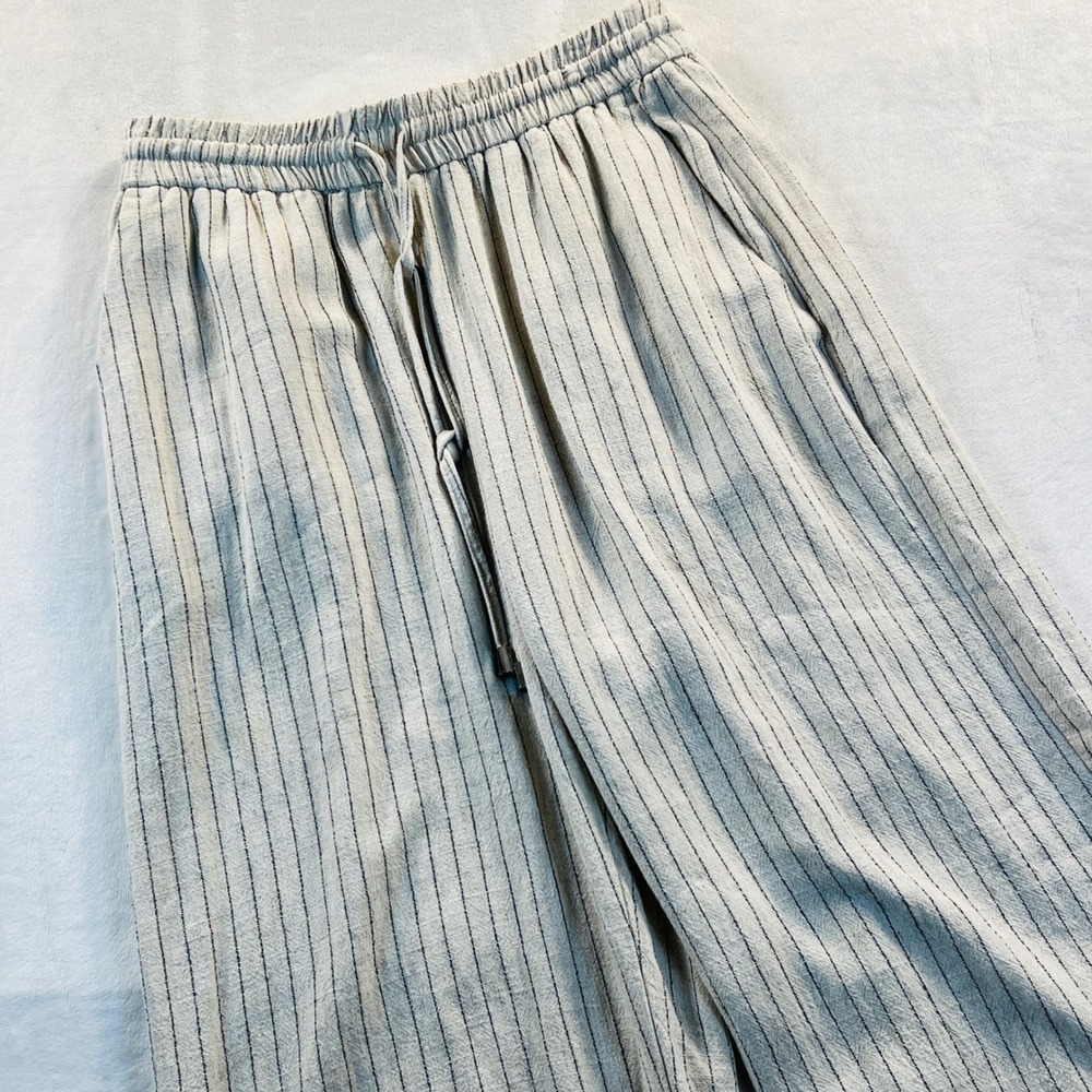Zara Cropped Cream Black Pinstripe Linen Blend Wide Leg Drawstring Pants Small